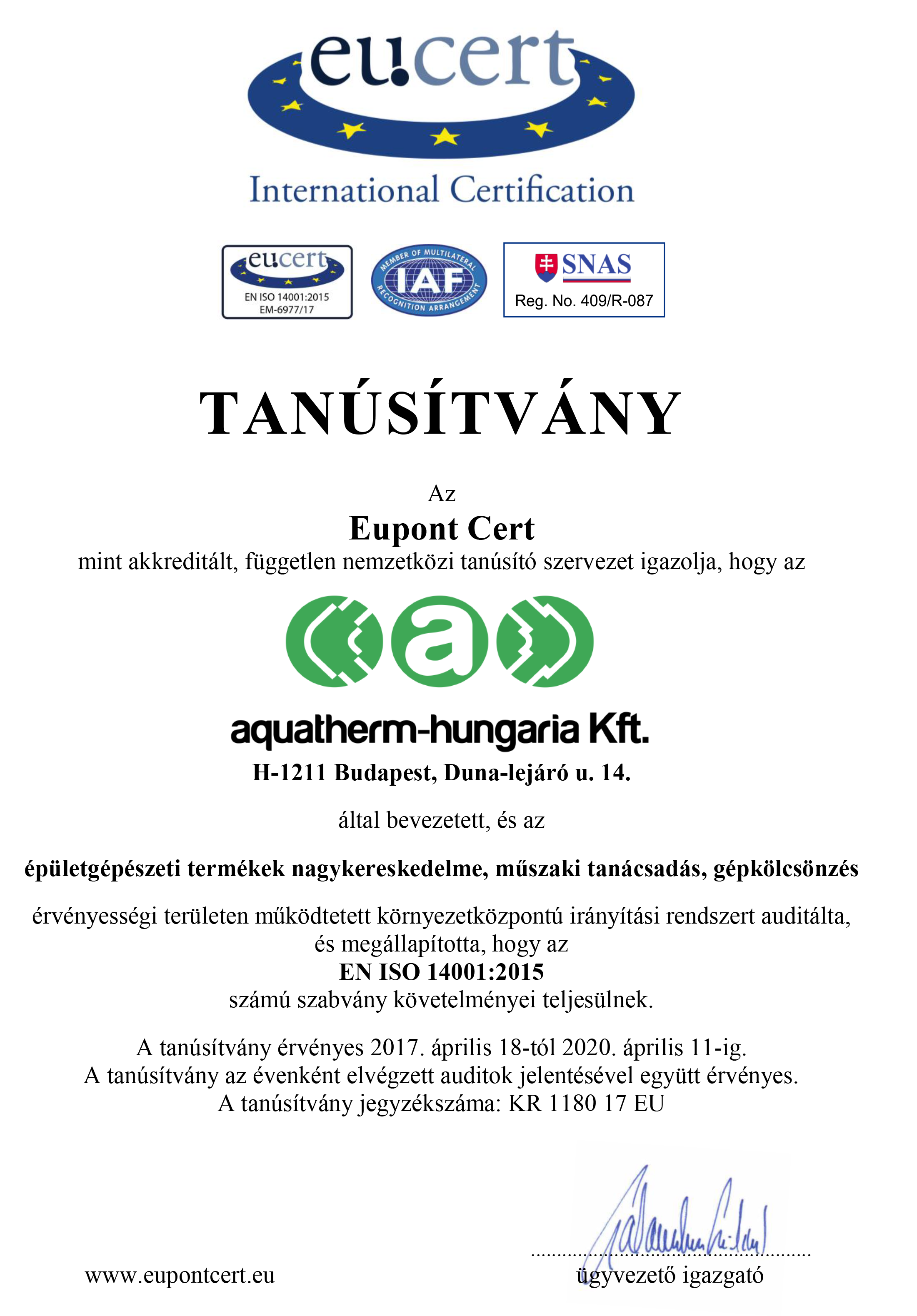 AQUATHERM-HUNGARIA Kft._TA - Tanúsítvány KIR magyar